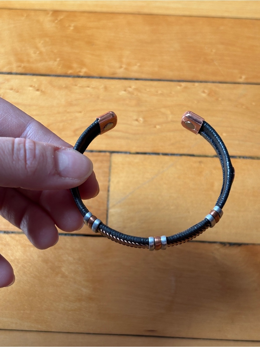 NWOT Mixed-Metal Copper & Black Leather Wrapped Magnetic Cuff Bangle Bracelet - Picture 12 of 16